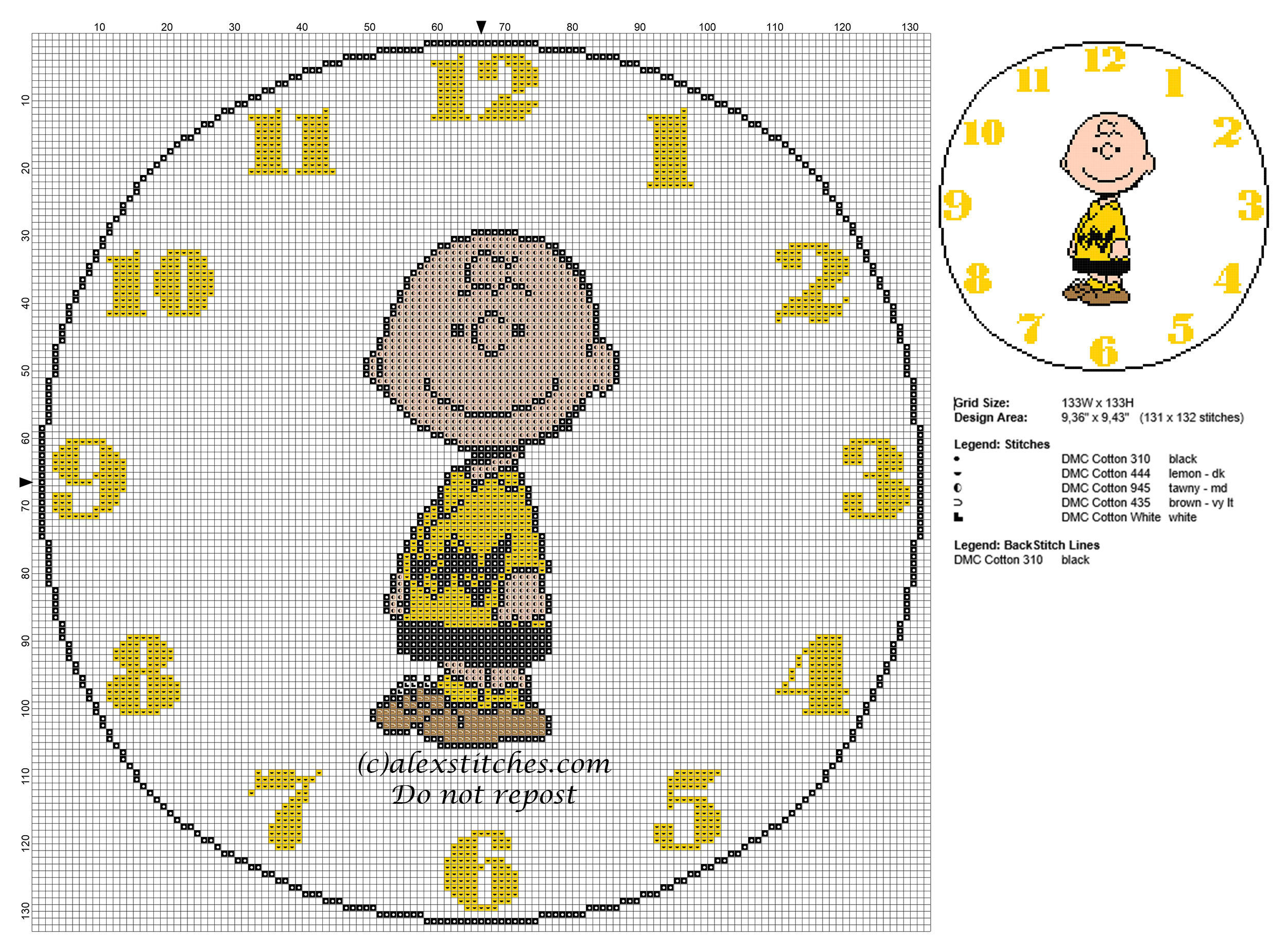Cross stitch pattern children clock with Charlie Brown