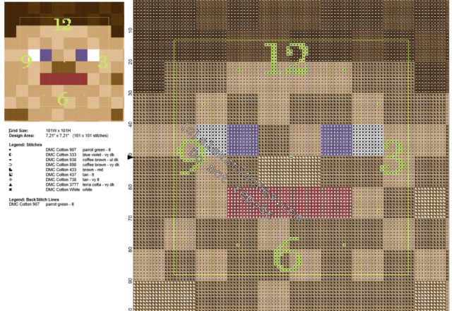 Cross stitch pattern children clock with Minecraft Steve face