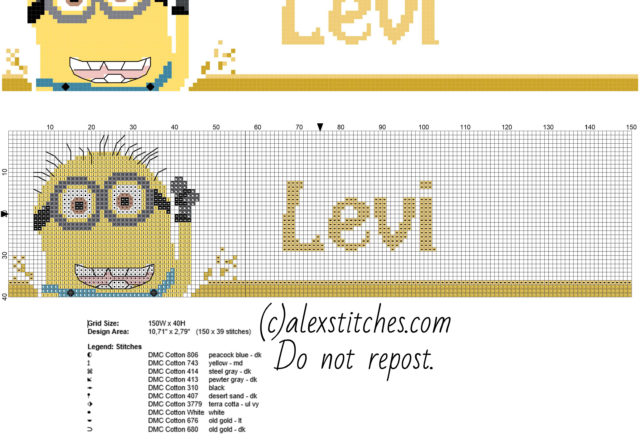 Cross stitch pattern male name Levi with Despicable Me Minions free pcstitch download