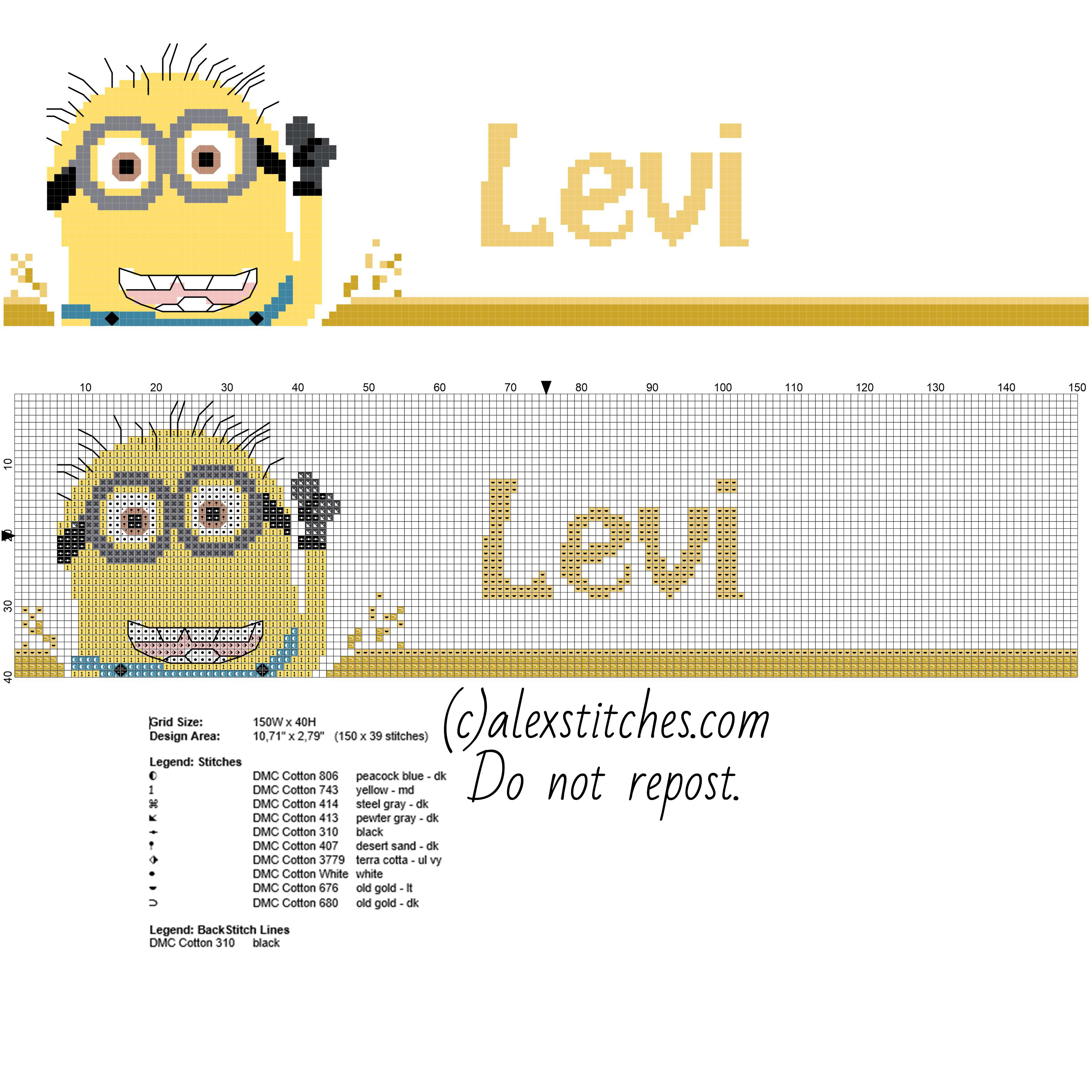 Cross stitch pattern male name Levi with Despicable Me Minions free pcstitch download