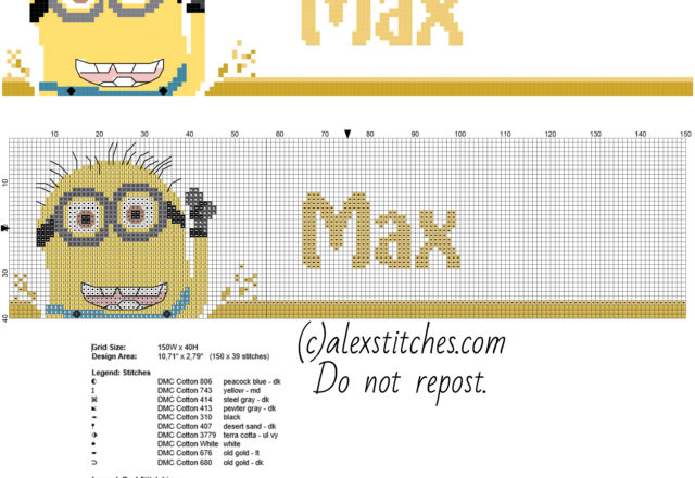 Cross stitch pattern male name Max with Despicable Me Minions characters
