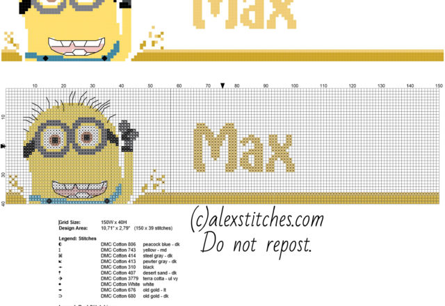 Cross stitch pattern male name Max with Despicable Me Minions characters