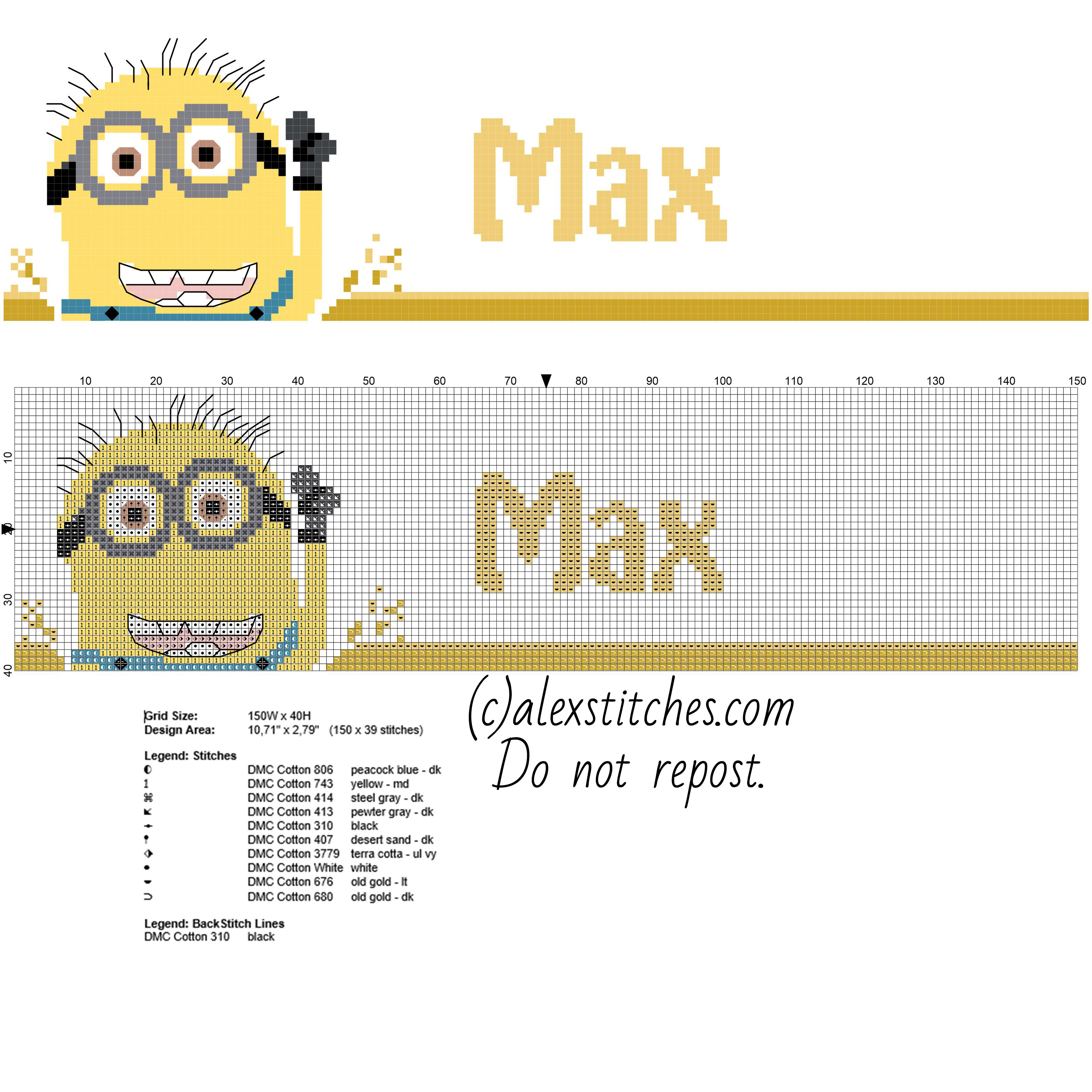 Cross stitch pattern male name Max with Despicable Me Minions characters