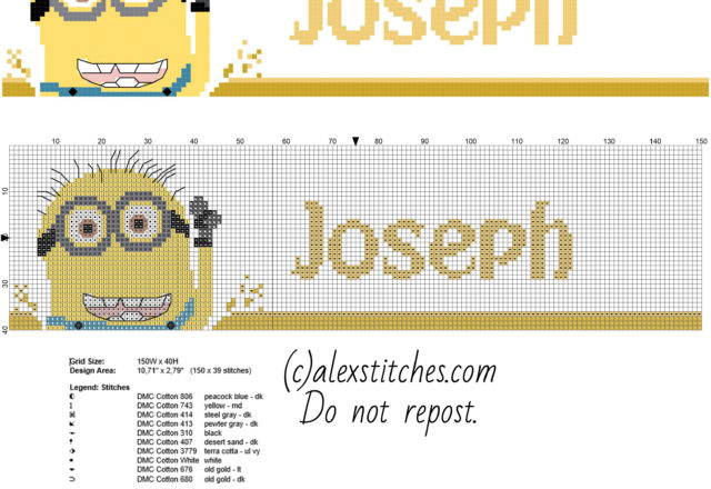 Cross stitch pattern name Joseph with Minion from Despicable Me cartoon movie