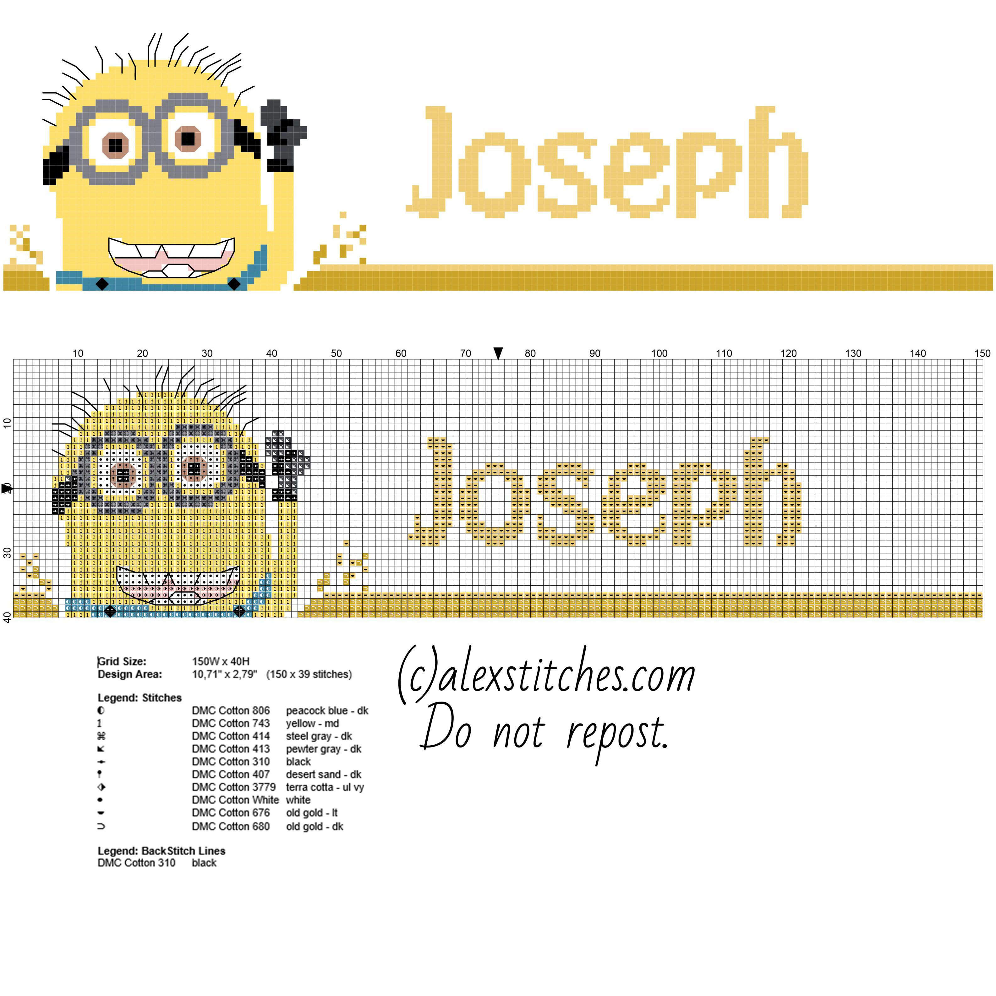 Cross stitch pattern name Joseph with Minion from Despicable Me cartoon movie