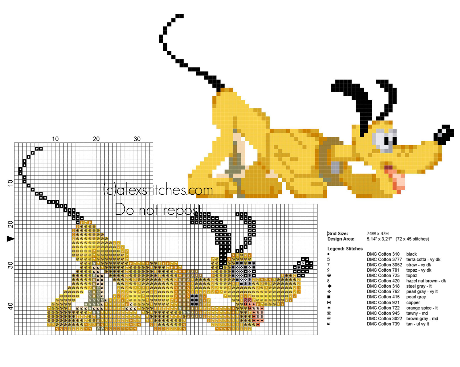 Cross stitch pattern small vintage Disney Pluto videogames 16 bit