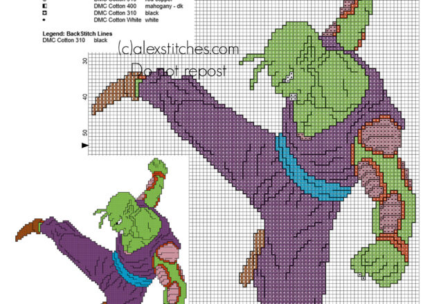 Cross stitch pattern with back stitch Piccolo from Dragon Ball 1 anime