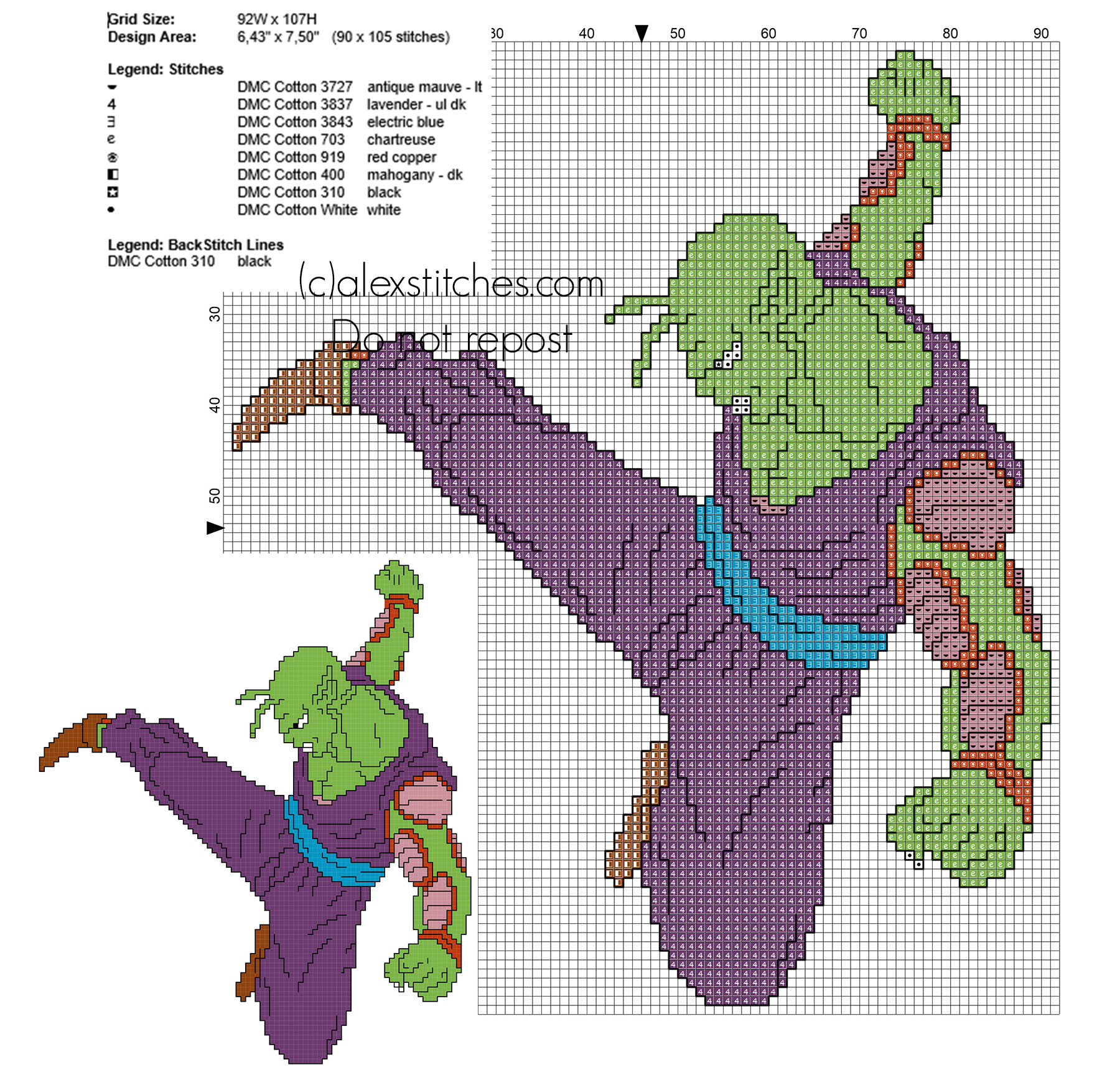 Cross stitch pattern with back stitch Piccolo from Dragon Ball 1 anime