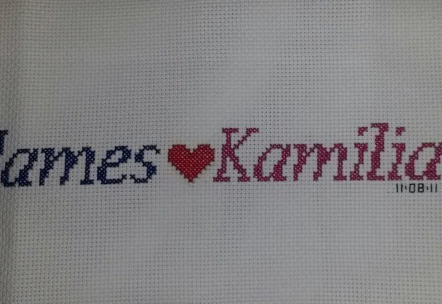Cross stitch work photo James loves Kamilia baby blanket view author facebook user Carrie Renae Uetz