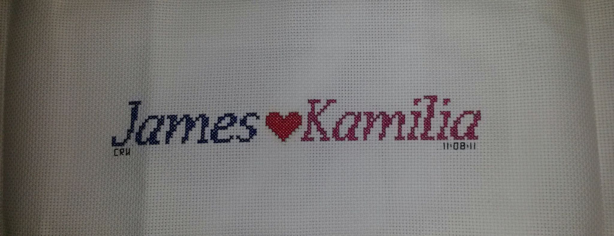 Cross stitch work photo James loves Kamilia baby blanket view author facebook user Carrie Renae Uetz