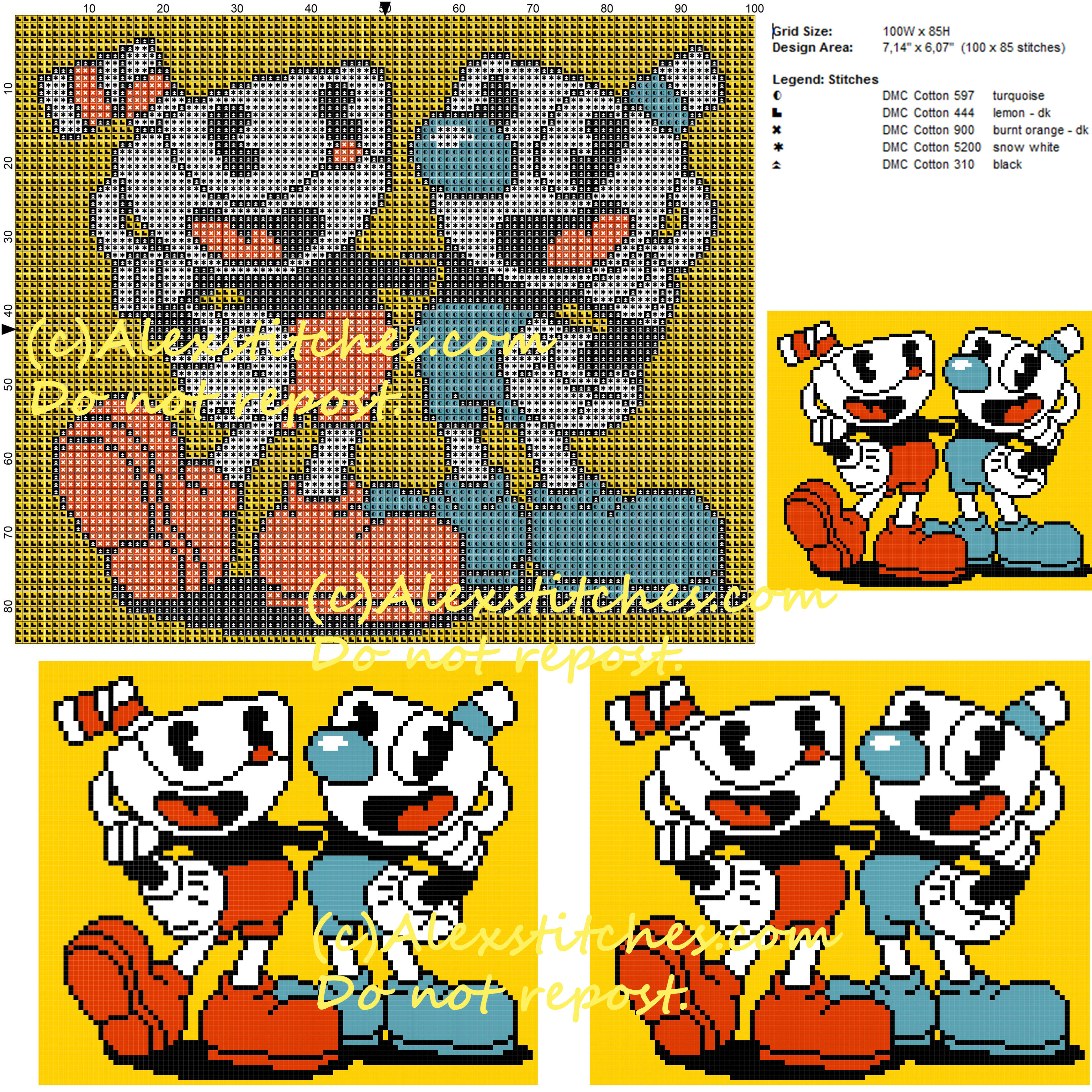 Cuphead cross stitch pattern 100x85 5 colors