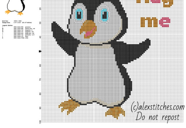 Cute baby animal penguin with text hug me free cross stitch pattern 86 x 97 stitches 8 DMC threads