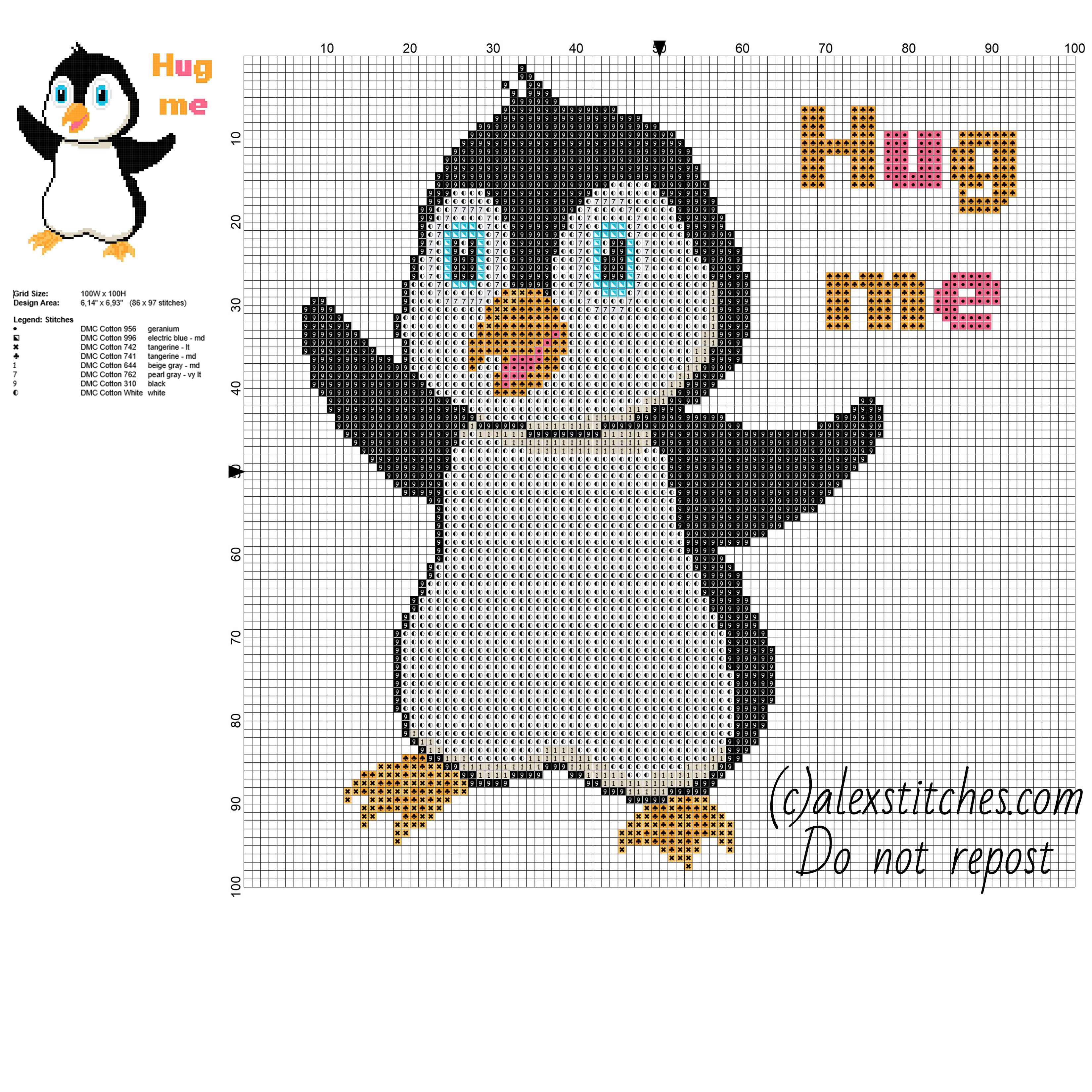 Cute baby animal penguin with text hug me free cross stitch pattern 86 x 97  stitches 8 DMC threads - free cross stitch patterns by Alex