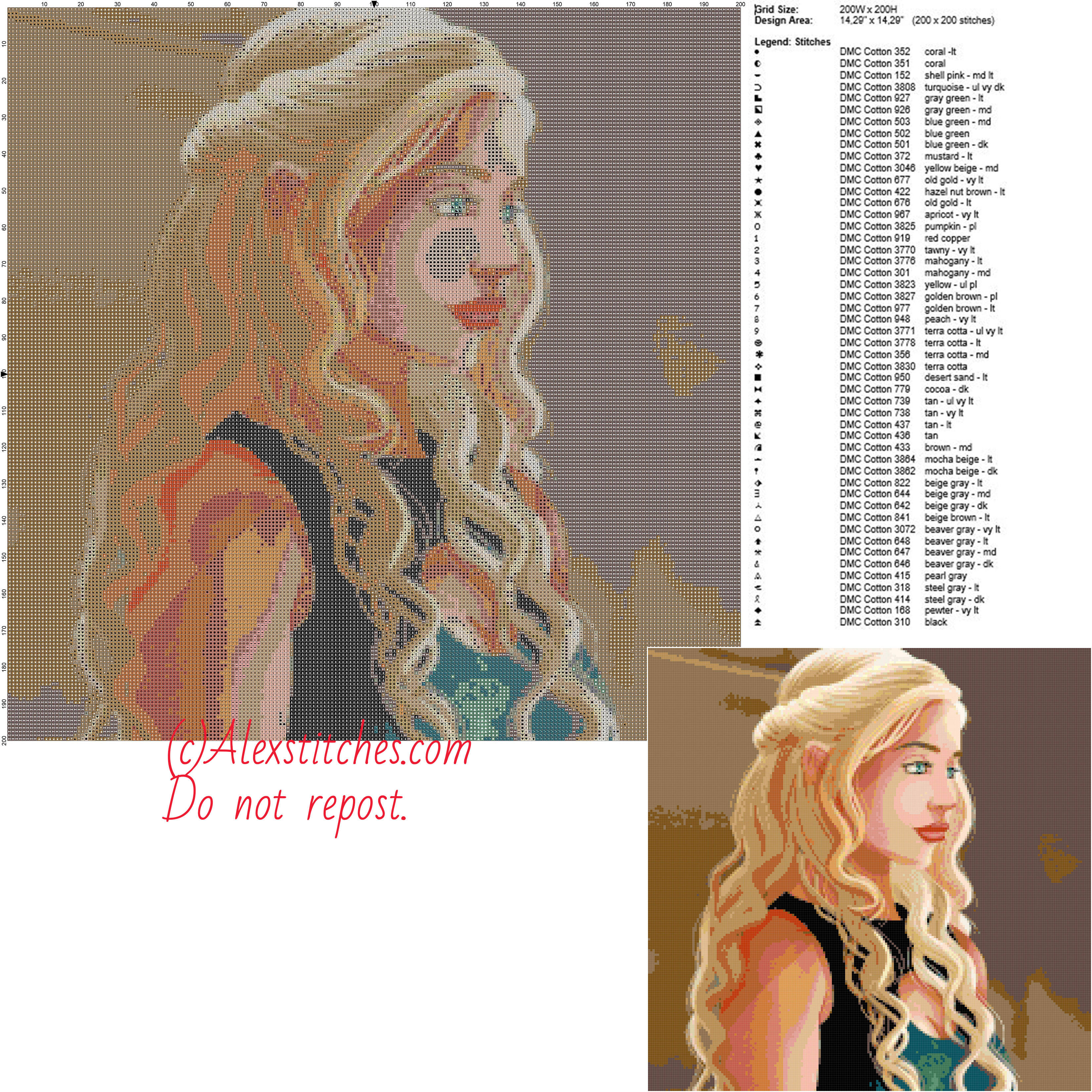 Daenerys (Game of Thrones) free cross stitch pattern 200x200 50 colors