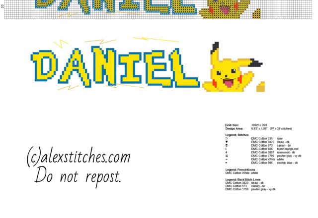 Daniel cross stitch baby name with Pokemon Pikachu and Pokemon font made with PcStitch software