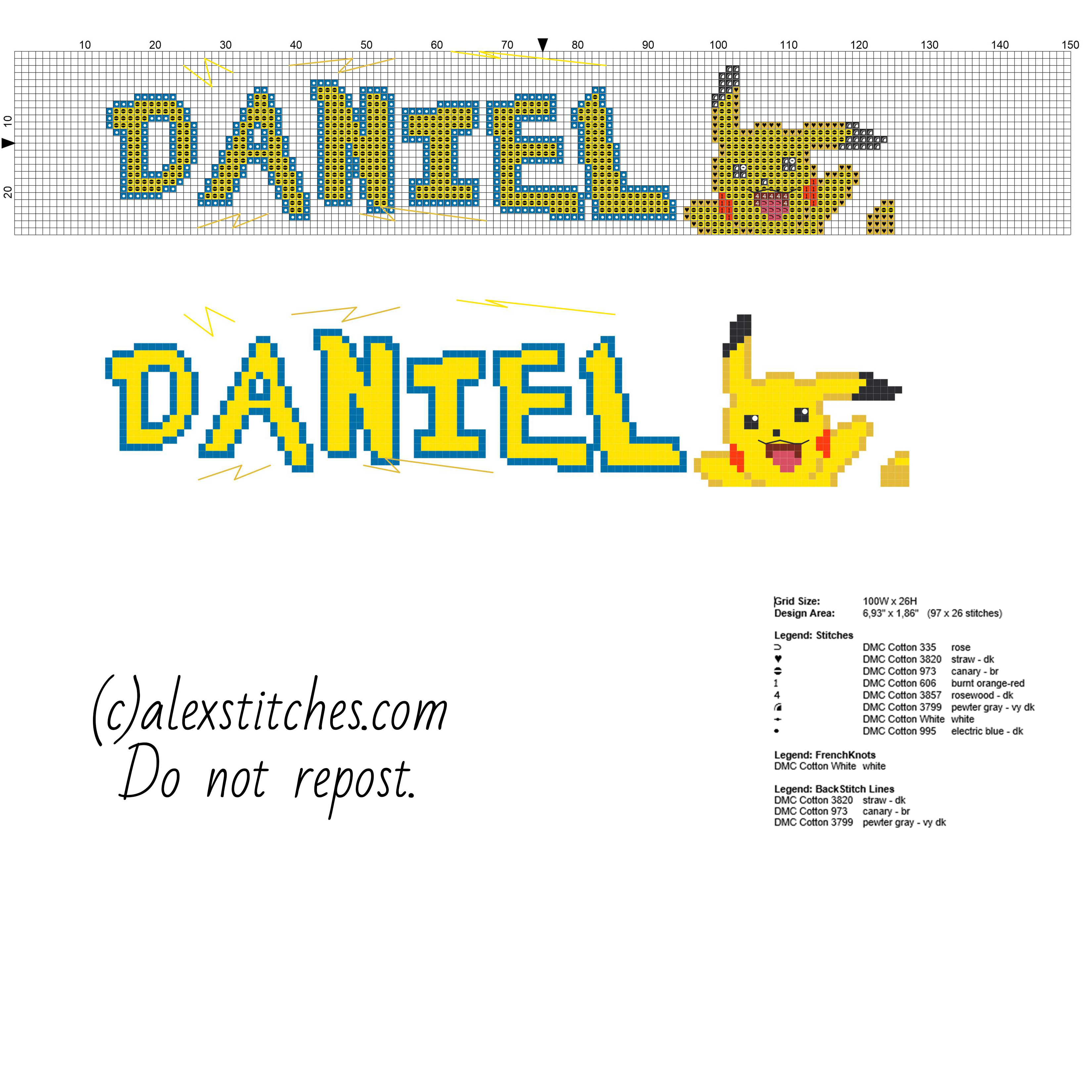 Daniel cross stitch baby name with Pokemon Pikachu and Pokemon font made with PcStitch software