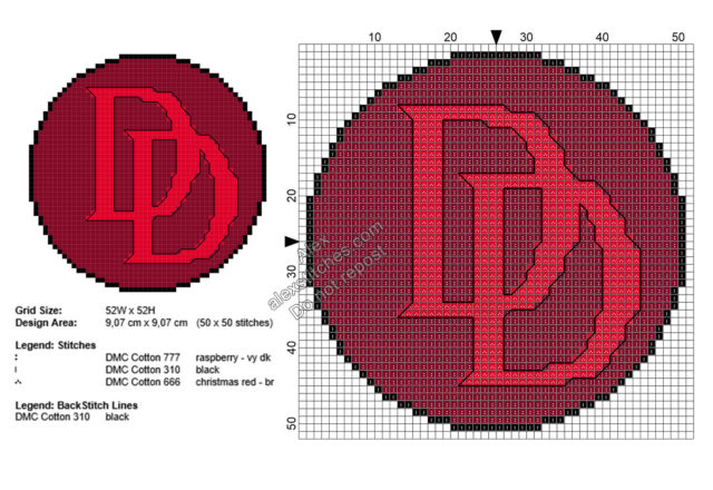 Daredevil Devil logo free cross stitch pattern Marvel Superheroes 50x50