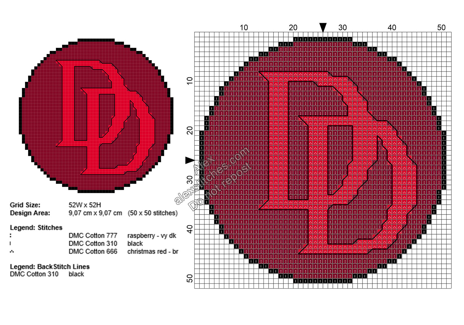Daredevil Devil logo free cross stitch pattern Marvel Superheroes 50x50