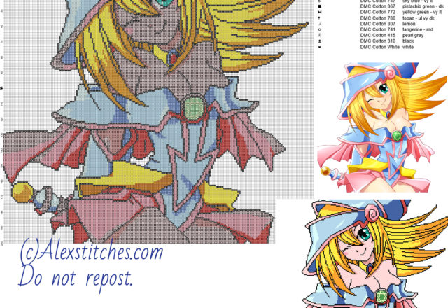 Dark Magician Girl (Yu Gi Oh) free cross stitch pattern 200x200 16 colors