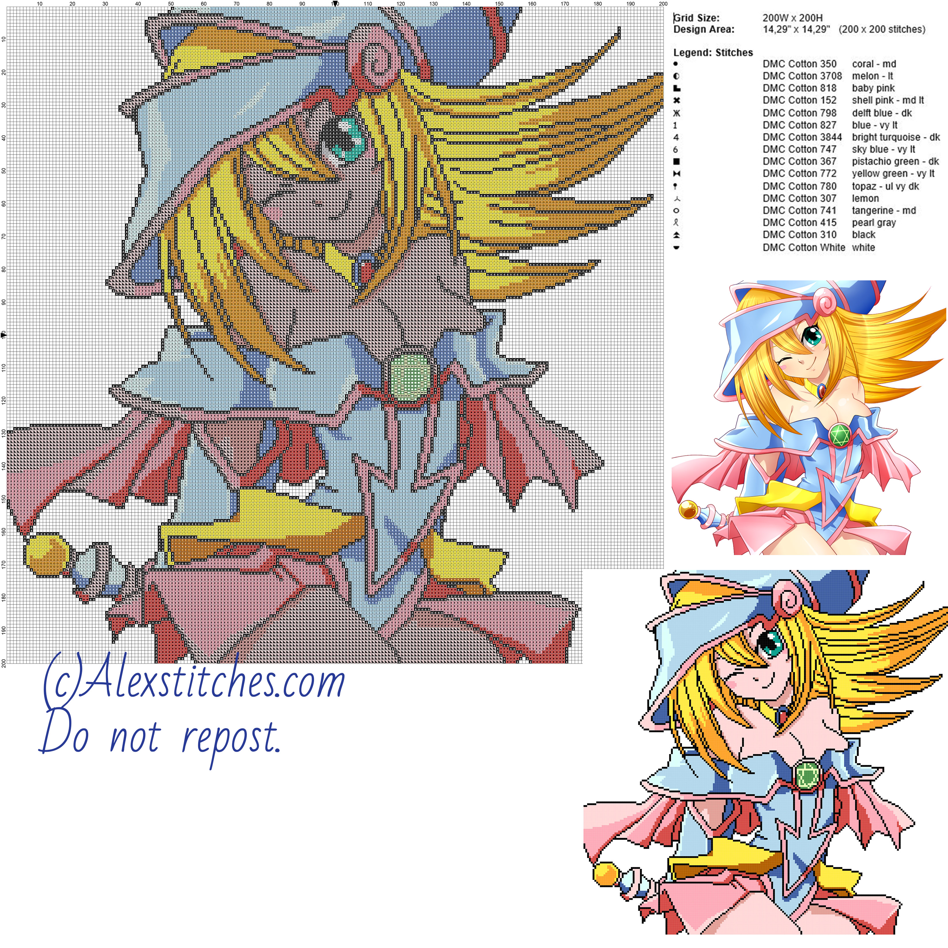Dark Magician Girl (Yu Gi Oh) free cross stitch pattern 200x200 16 colors