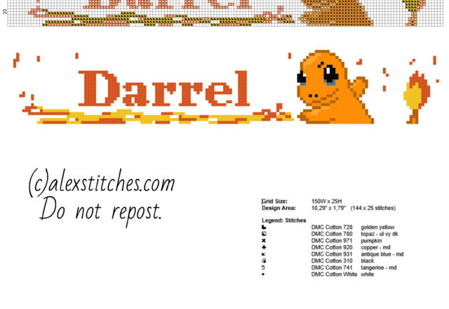 Darrel cross stitch baby male name with Pokemon character Charmander and flames