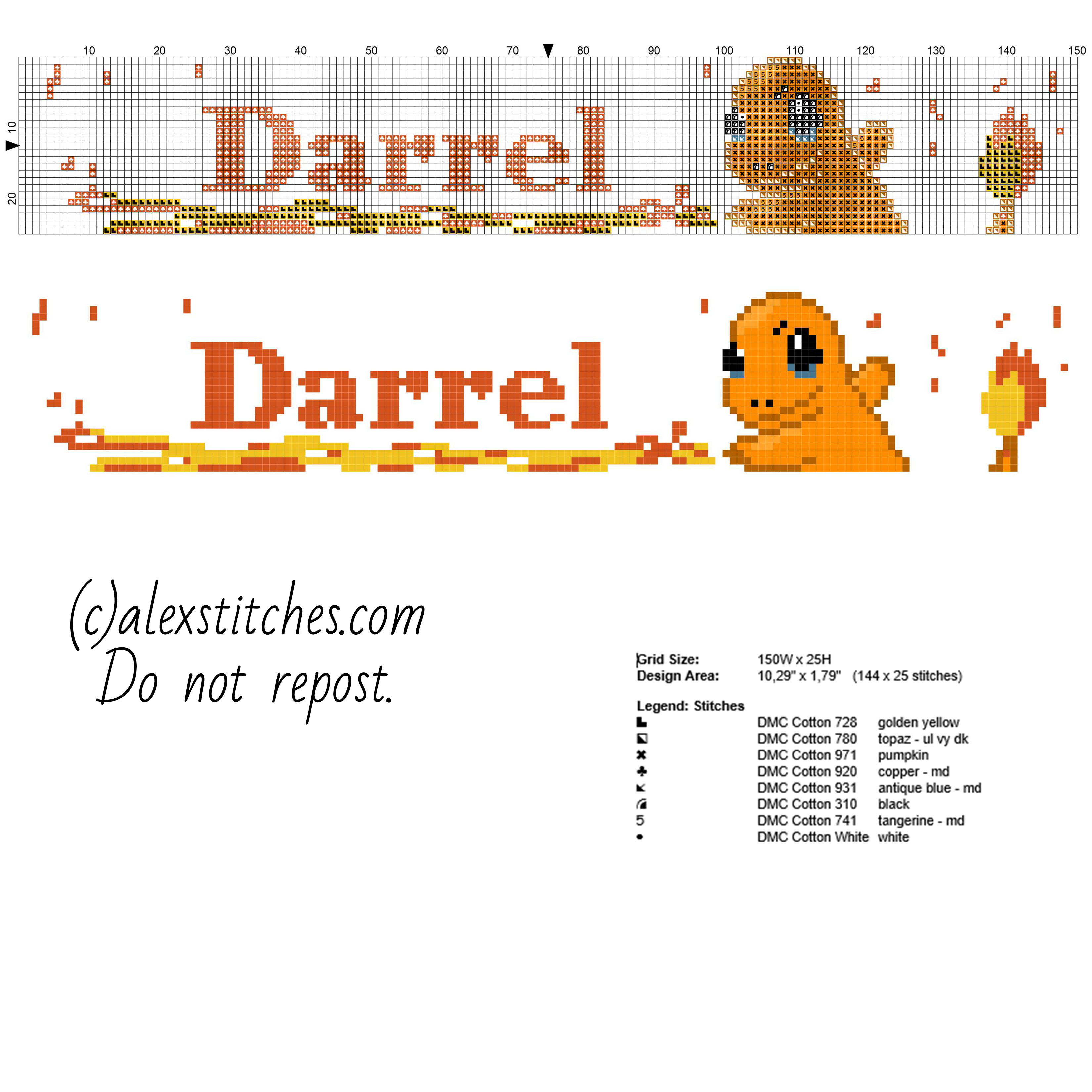 Darrel cross stitch baby male name with Pokemon character Charmander and flames