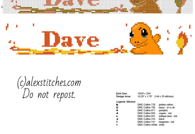 Dave cross stitch pattern baby male name with Pokemon Charmander and flames