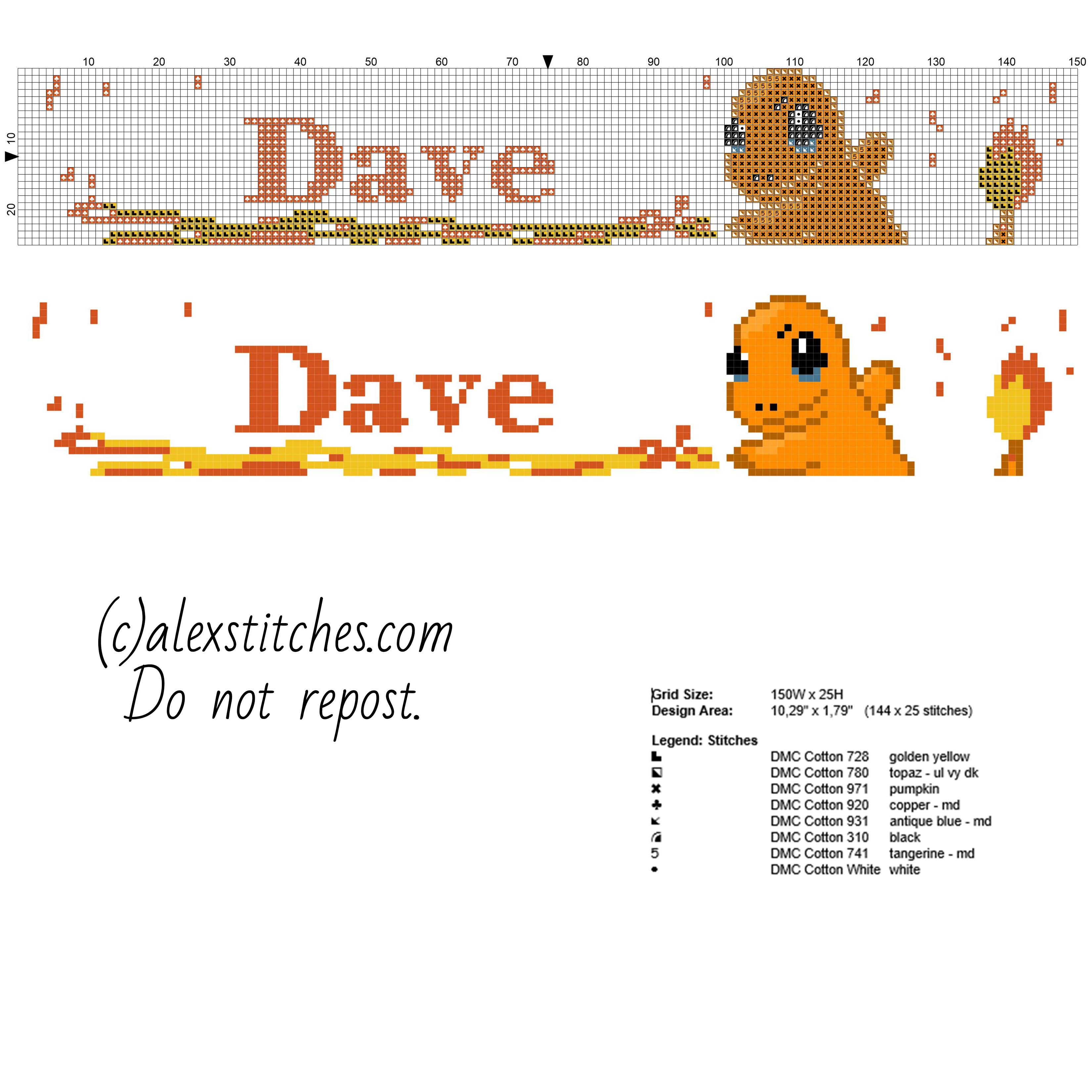 Dave cross stitch pattern baby male name with Pokemon Charmander and flames