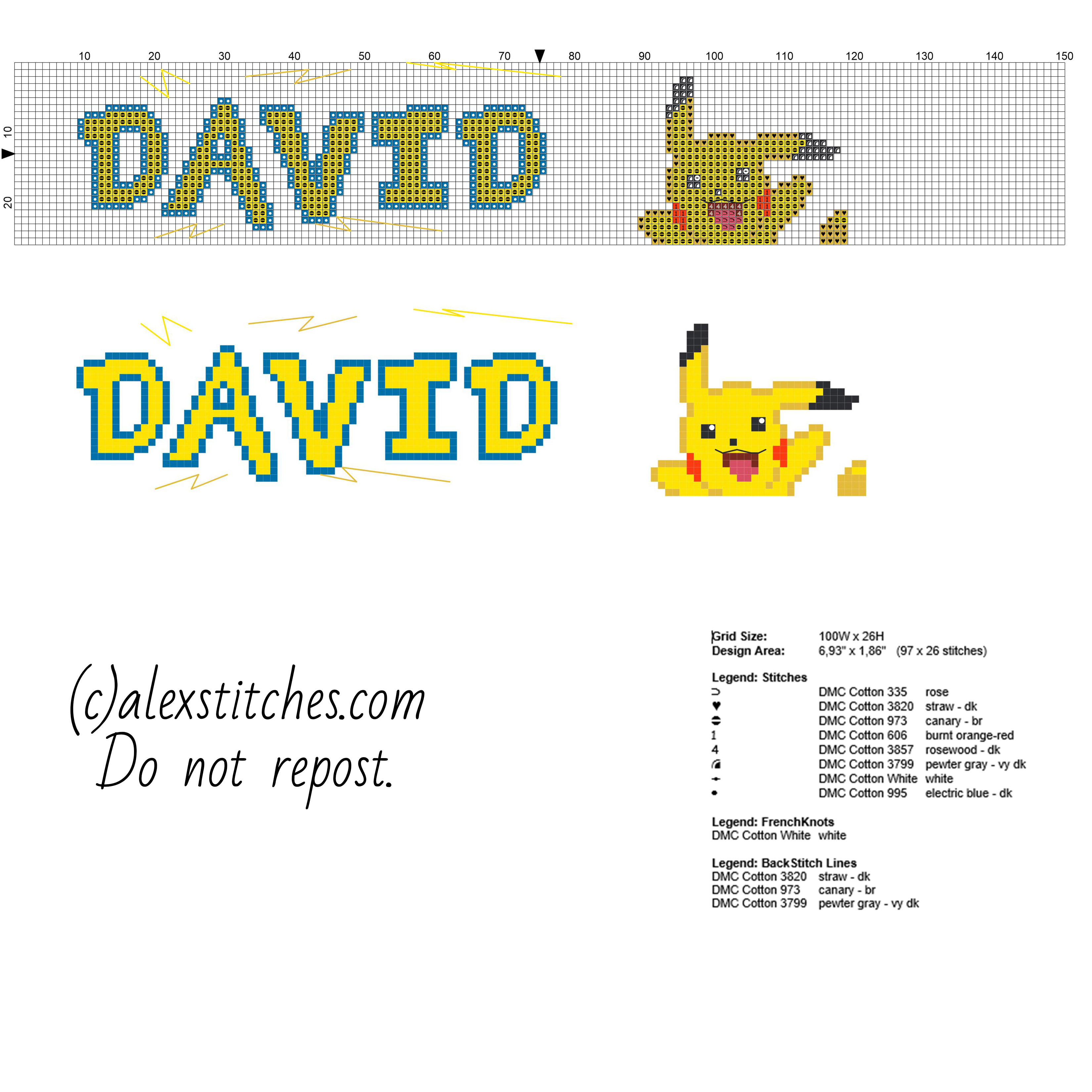 David cross stitch baby male name with Pokemon Pikachu and font Pokemon free download baby bib idea