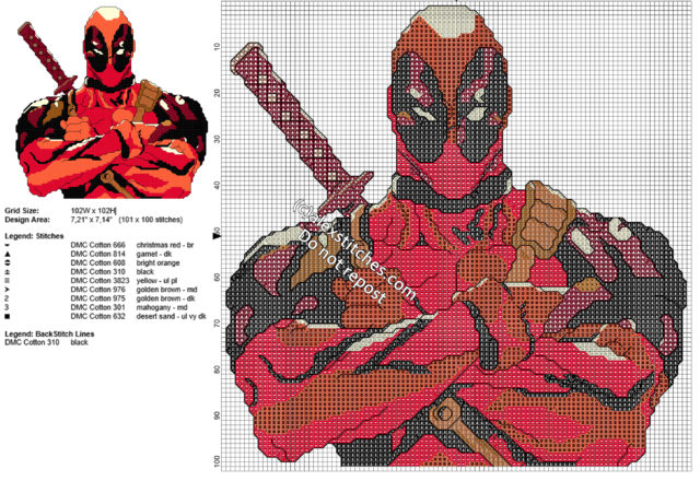 Deadpool free cross stitch pattern with back stitch