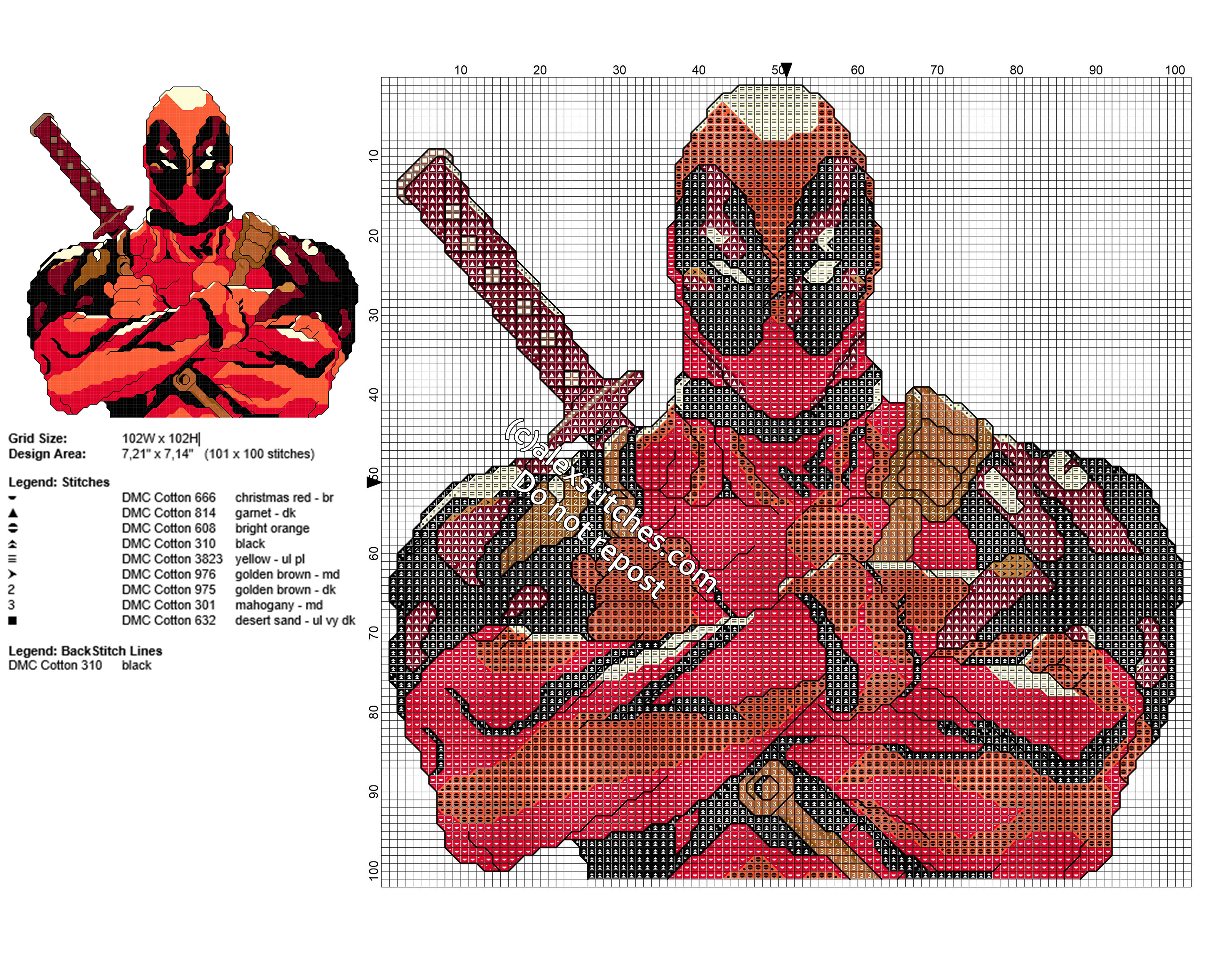 Deadpool free cross stitch pattern with back stitch