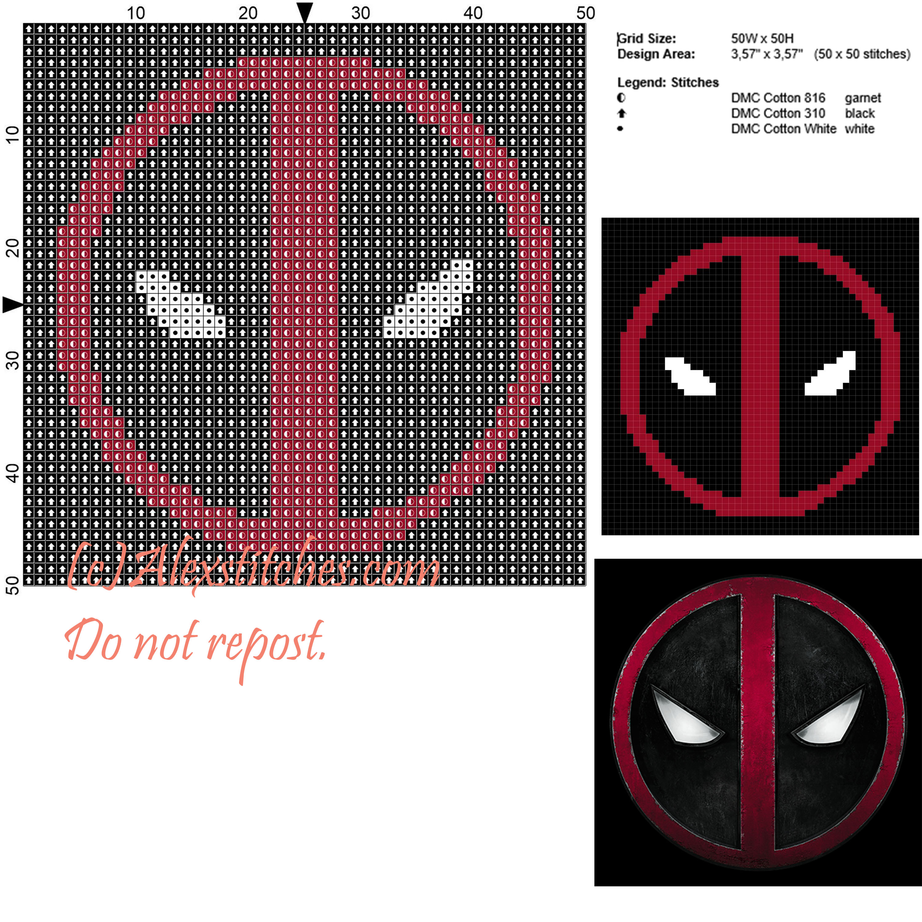 Deadpool symbol free cross stitch pattern 50x50 3 colors