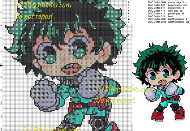 Deku My hero Academia cross stitch pattern 100x142 14 colors