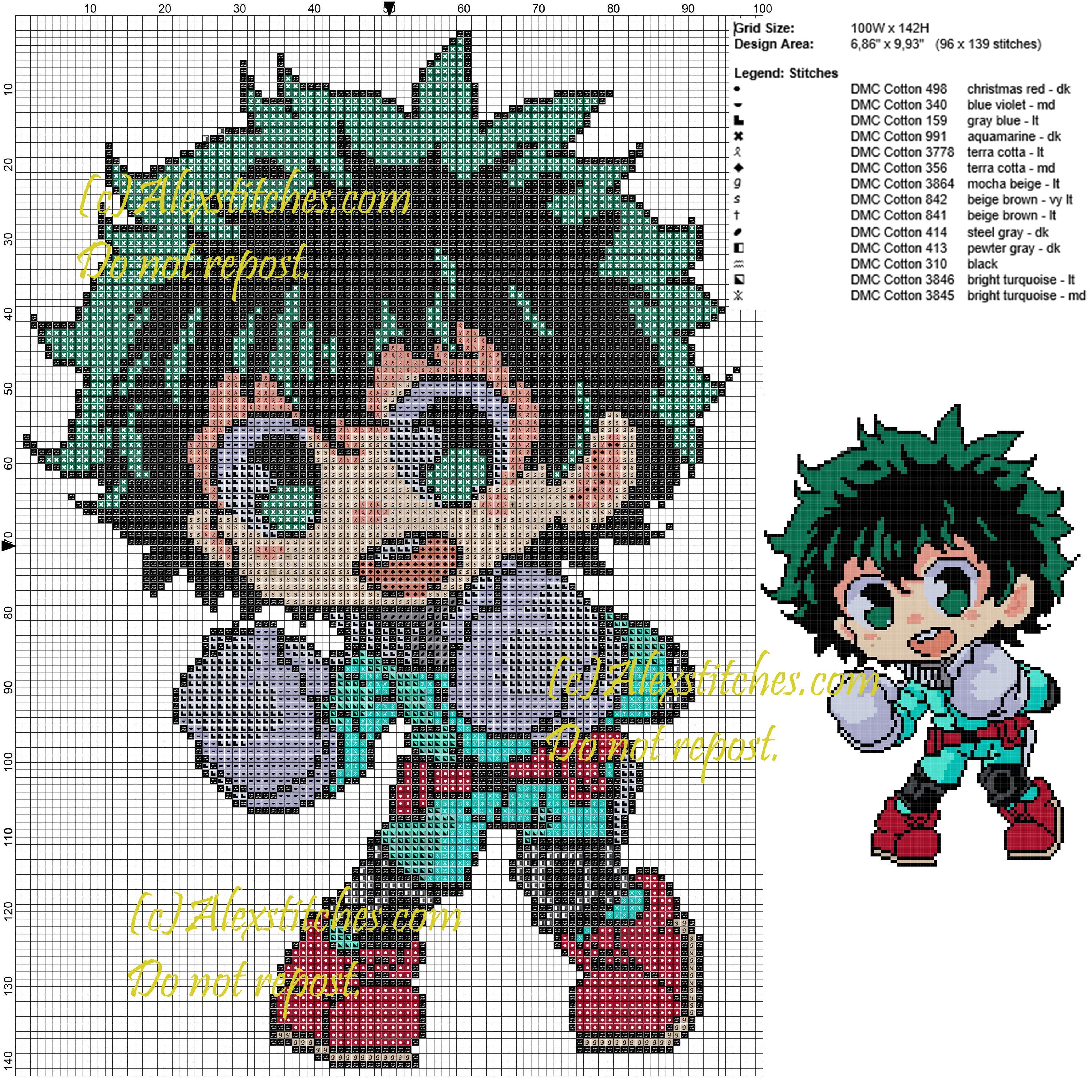 Deku My hero Academia cross stitch pattern 100x142 14 colors