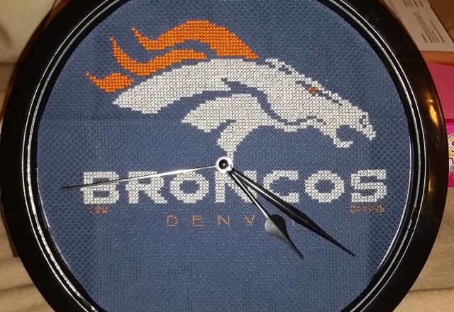 Denver Broncos NFL Team cross stitch clock work photo author Facebook Fan Carrie Renae Uetz