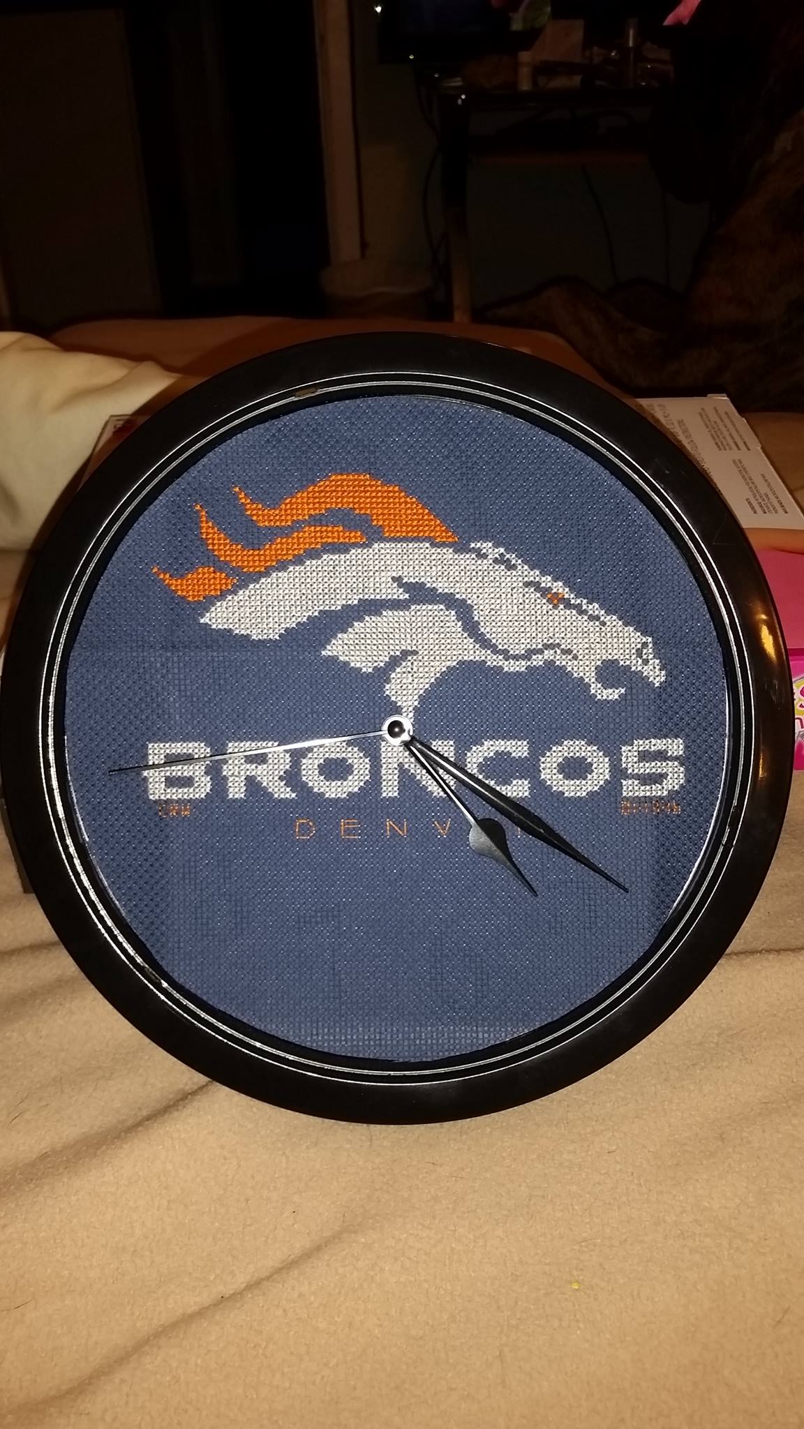 Denver Broncos NFL Team cross stitch clock work photo author Facebook Fan Carrie Renae Uetz