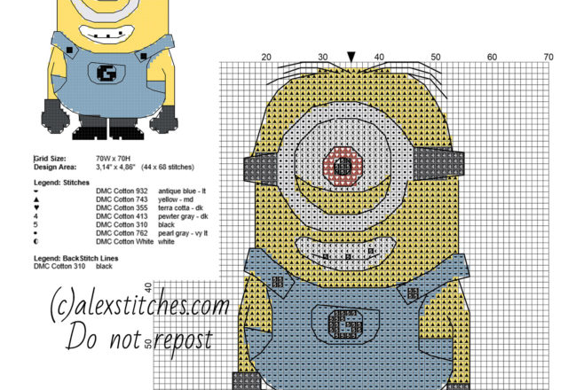 Despicable Me minion Stuart free small cross stitch pattern with back stitch