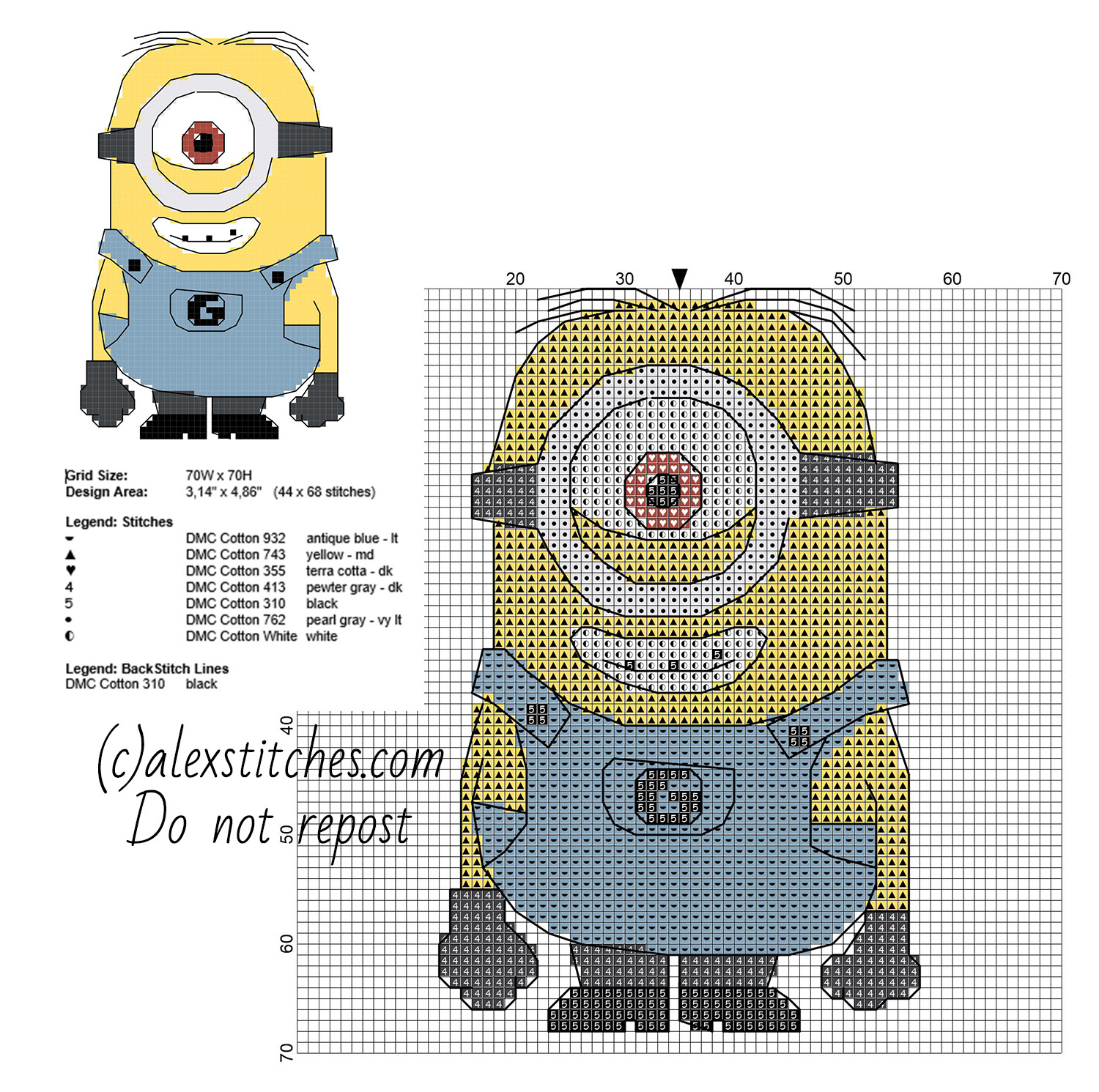 Despicable Me minion Stuart free small cross stitch pattern with back stitch