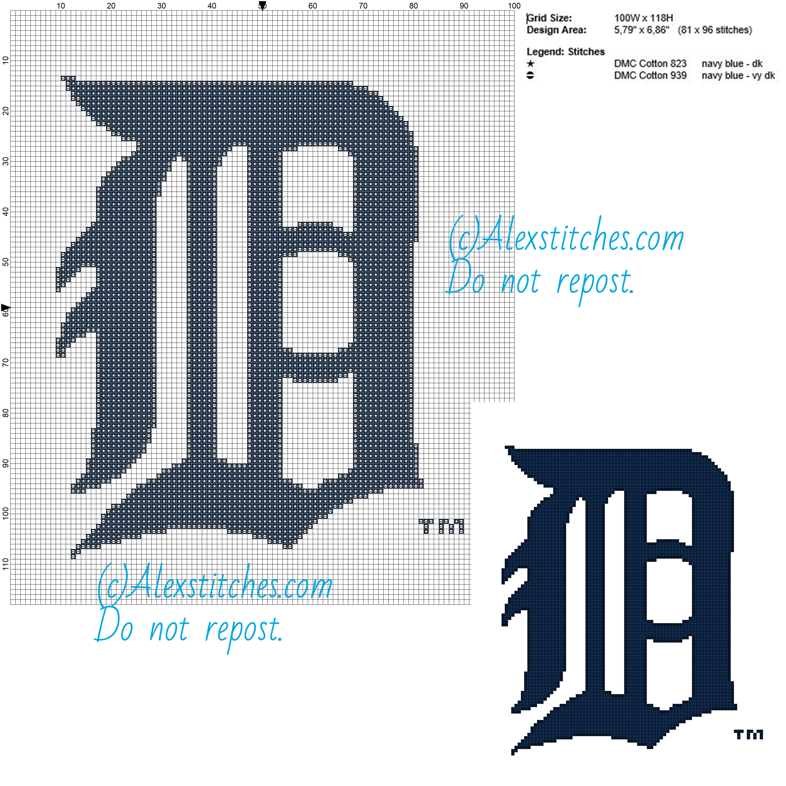 Detroit Tigers free logo Major League Baseball MLB cross stitch pattern 100x118 2 colors