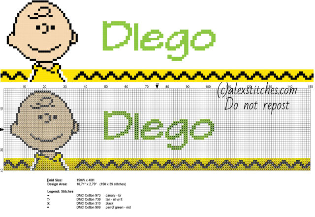 Diego cross stitch baby male name with Charlie Brown Peanuts cartoons character