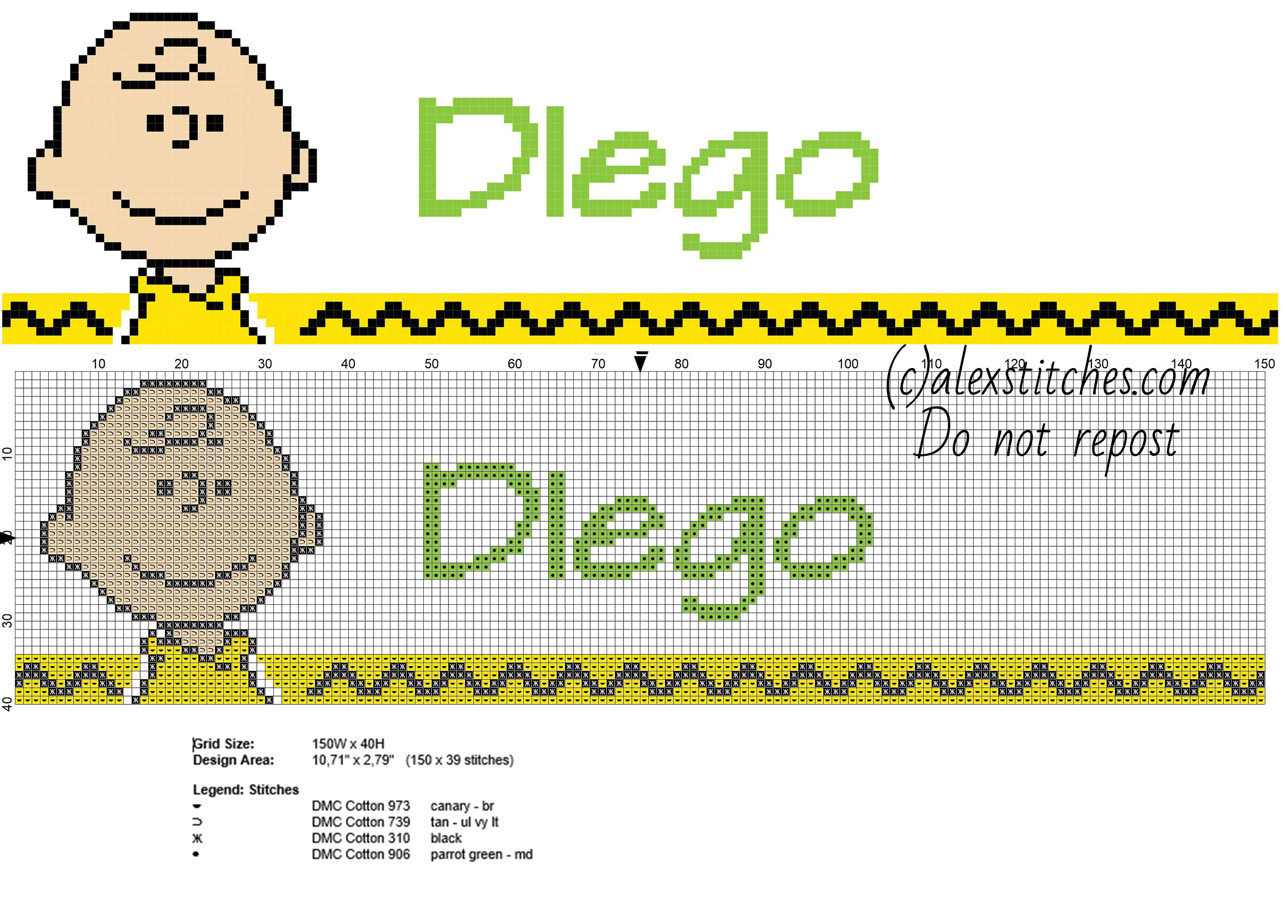 Diego cross stitch baby male name with Charlie Brown Peanuts cartoons character