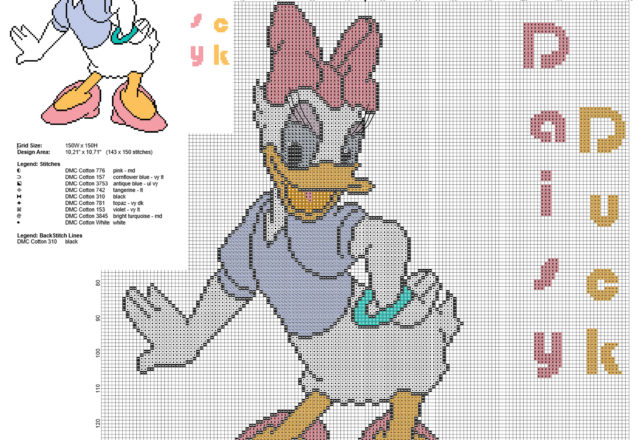 Disney Daisy Duck character big size free cross stitch pattern 143 x 150 stitches 9 DMC threads