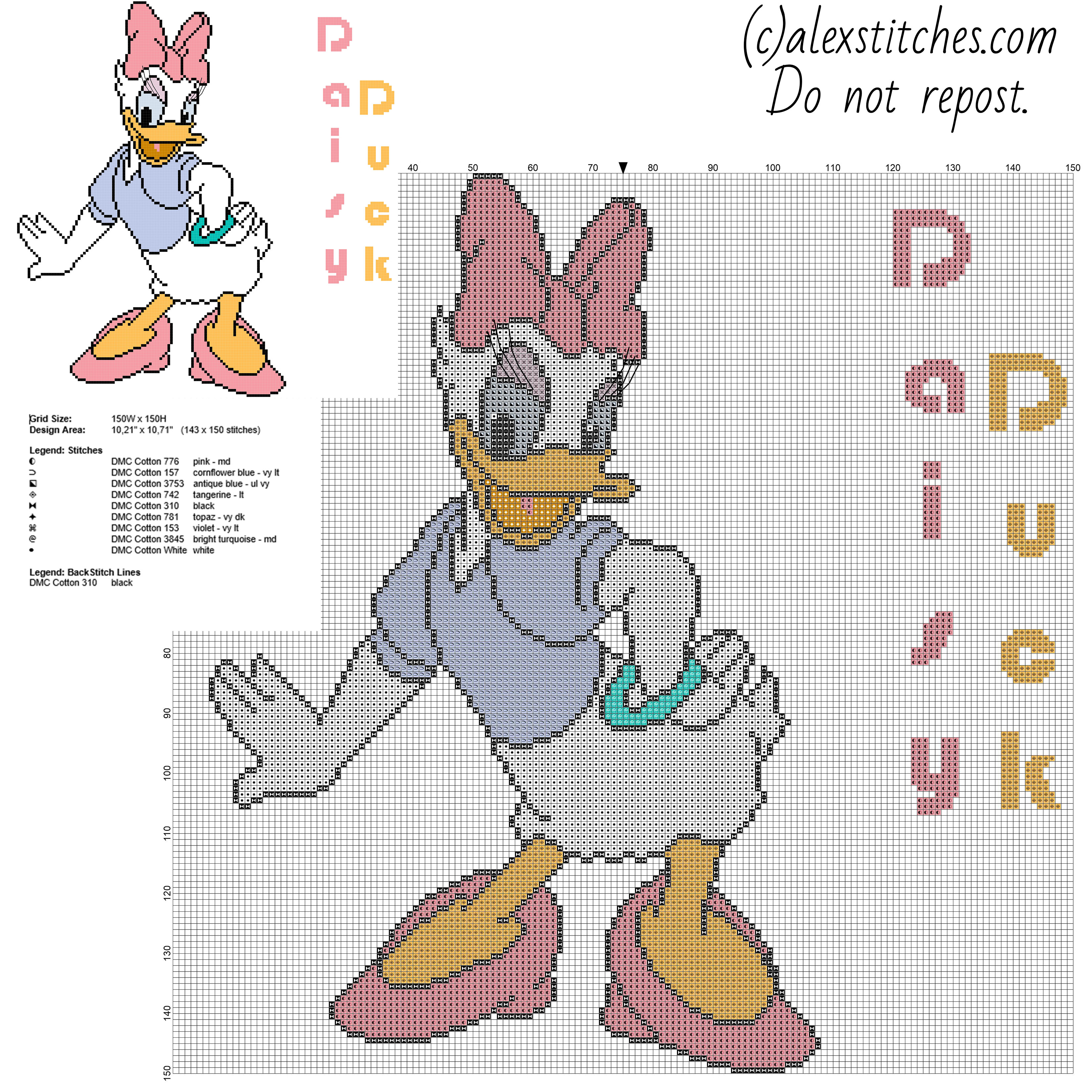 Disney Daisy Duck character big size free cross stitch pattern 143 x 150 stitches 9 DMC threads