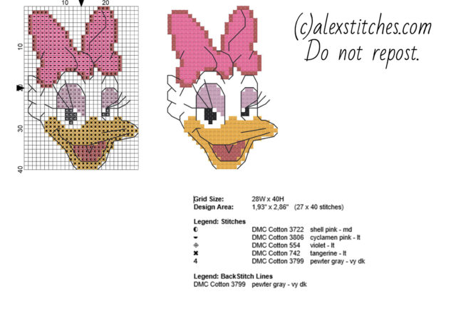 Disney Daisy Duck face cross stitch baby bib idea free download