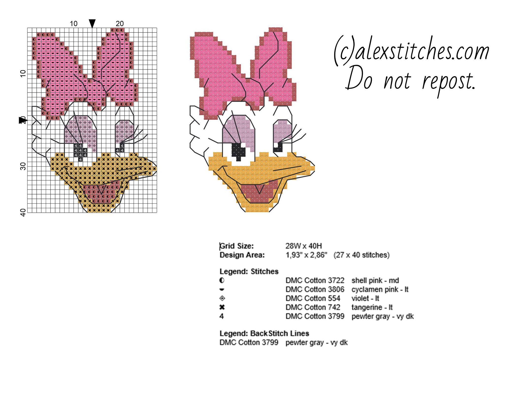 Disney Daisy Duck face cross stitch baby bib idea free download