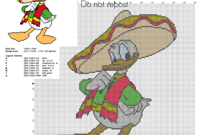 Disney Donald Duck mexican free cross stitch pattern 118 x 140 stitches 8 DMC threads