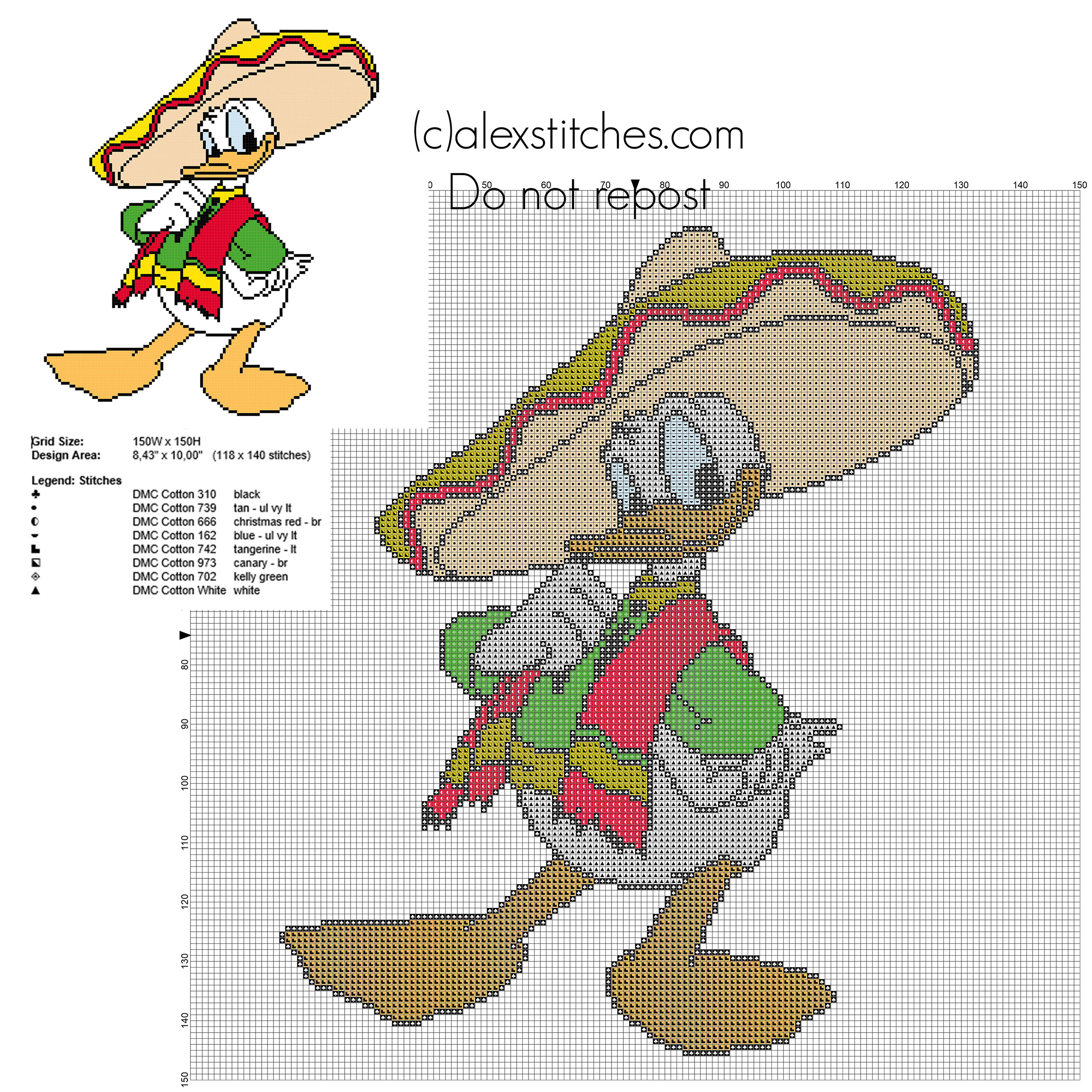 Disney Donald Duck mexican free cross stitch pattern 118 x 140 stitches 8 DMC threads