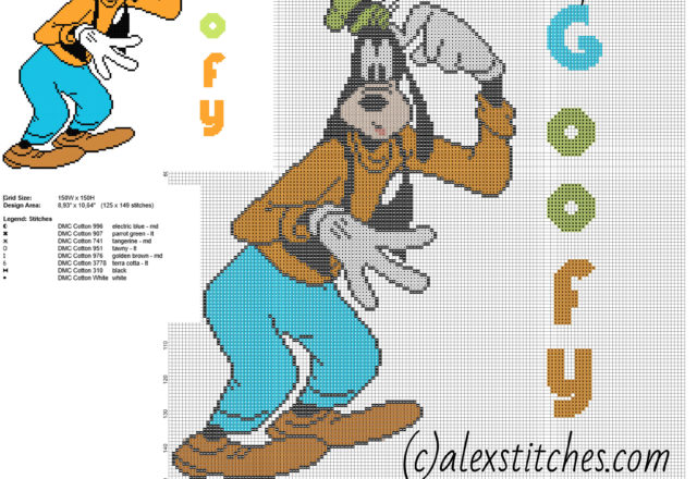 Disney Mickey Mouse Goofy character big size about 150 x 150 stitches with text name free cross stitch pattern