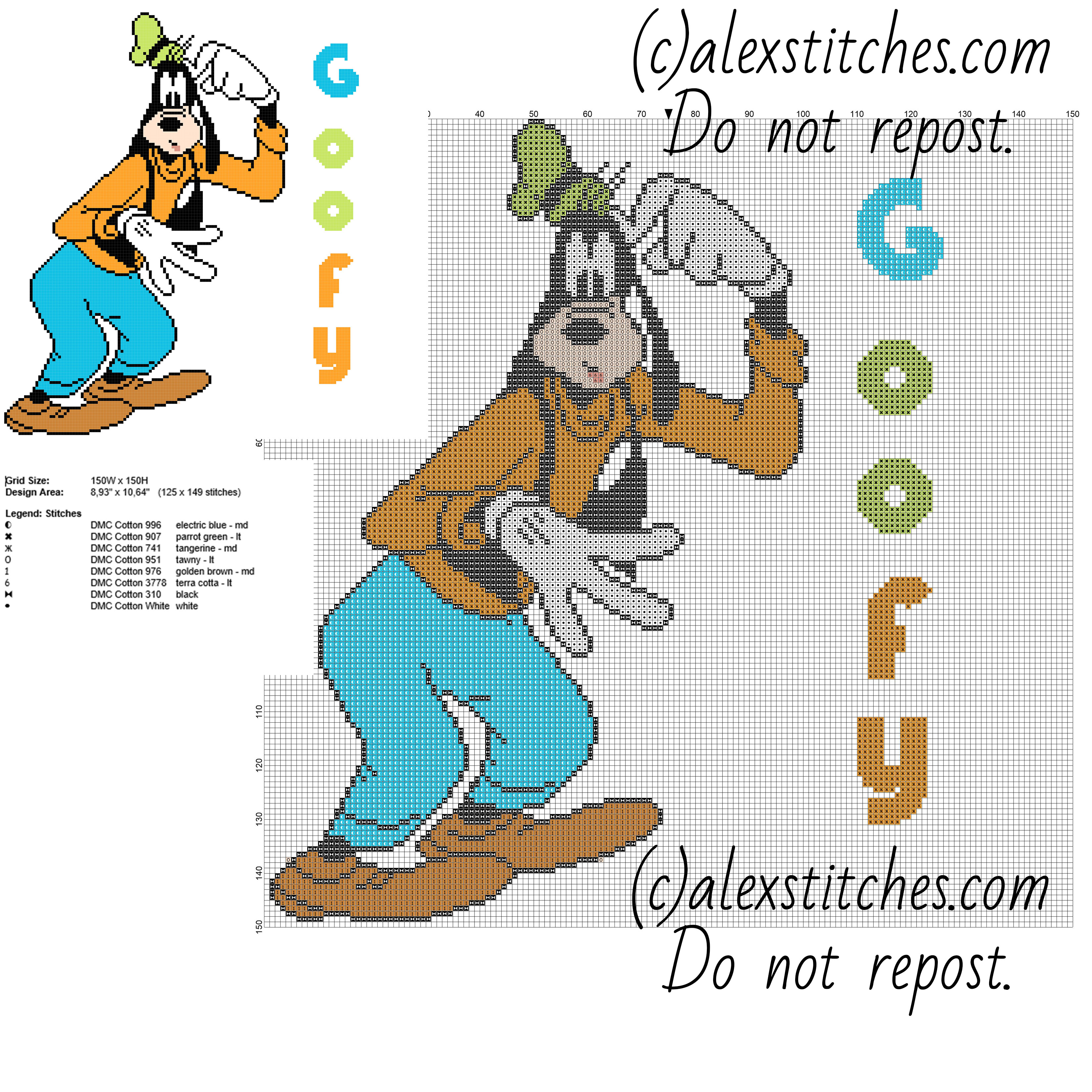 Disney Mickey Mouse Goofy character big size about 150 x 150 stitches with text name free cross stitch pattern