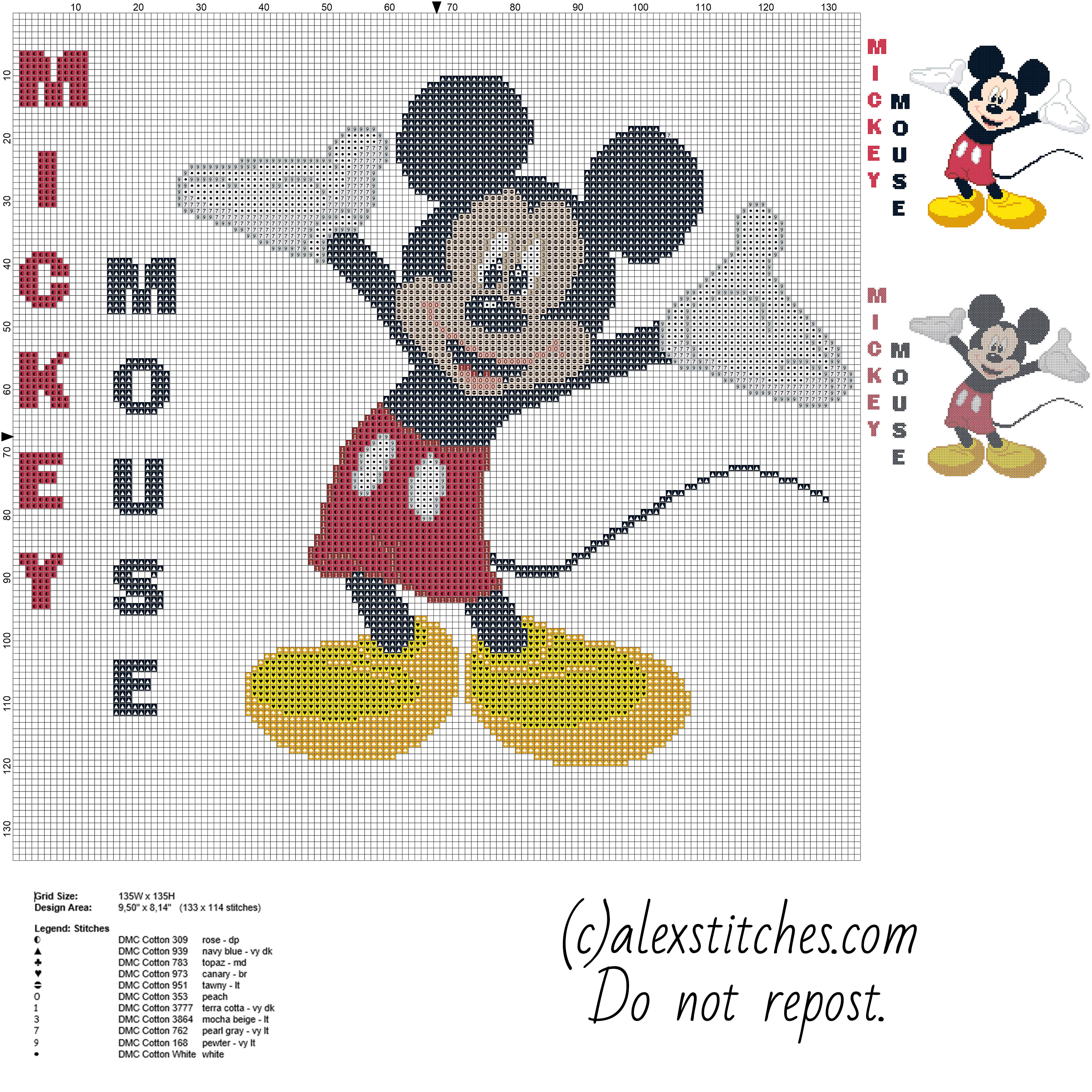 Disney Mickey Mouse character with text name big size cross stitch pattern